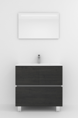 <p>
	Pack compuesto por mueble de baño realizado en material laminado, formado por dos puertas y un cajón inferior. Bisagras con cierre softclosing testadas a 80.000 ciclos regulables en los tres ejes. Colgadores a pared capaces de soportar hasta 30 Kg por colgador. Patas aluminio acabado cromo brillo. Cantos realizados en PVC de 1mm. Incluye lavabo cerámica y espejo con iluminación LED. Fabricado en España</p>
