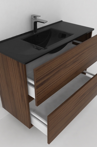 <p>
	Conjunto de mueble de baño realizado en material laminado de 19mm formado por dos cajones con sistema cierre suave . Lavabo en cristal templado de color negro y espejo con iluminación integrada incluidos.Grifo no incluido. Fabricado en España. </p>
