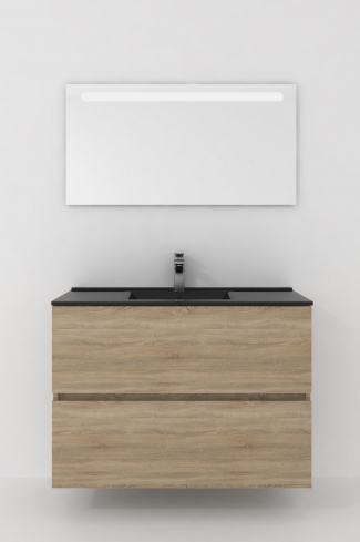 <p>
	Conjunto de mueble de baño realizado en material laminado de 19mm formado por dos cajones con sistema cierre suave . Lavabo en cristal templado de color negro y espejo con iluminación integrada incluidos.Grifo no incluido. Fabricado en España. </p>
