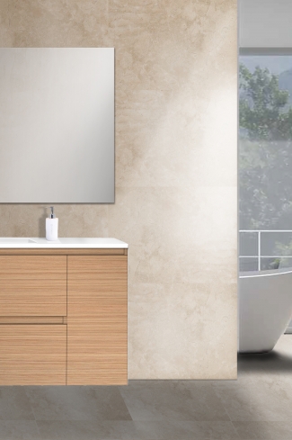 <p>
	Mueble de baño de 90 cm realizado en material laminado color madera de 19 mm  formado por dos cajones y una puerta. Puertas y cajón con sistema de cierre amortiguado suave. Lavabos cerámicos de color blanco encimera y espejo sobre tablero 75x90 están incluidos. Grifo no incluido. Made in Spain.</p>
