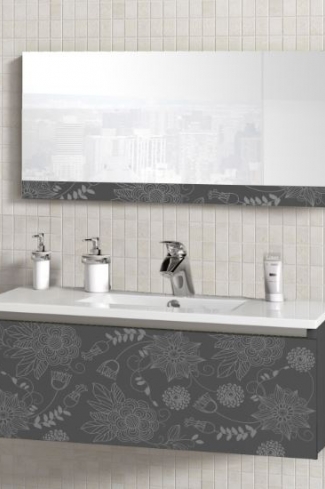 <p>
	Conjunto de mueble de baño realizado en material estratificado alto brillo de 19 mm con cajón con sistema amortiguado suave y decoración realizado mediante técnica láser. Lavabo cerámico de color blanco y espejo sobre tablero con decoración láser 44x90 incluidos.Grifo no incluido. Fabricado en España. </p>
