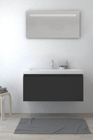 <p>
	Pack formado por mueble de baño realizado en tablero laminado con un cajón totalmente extraíble y cierre softclosing. Lavabo de resina y espejo con iluminación LED incluidos. Made in Europe.</p>
