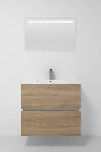 <p>
	Pack formado por mueble de baño realizado en tablero laminado 19mm acabado madera, con dos cajones totalmente extraíble con cierre softclosing. Lavabo cerámico y espejo con iluminación LED incluidos. Made in Europe.</p>
