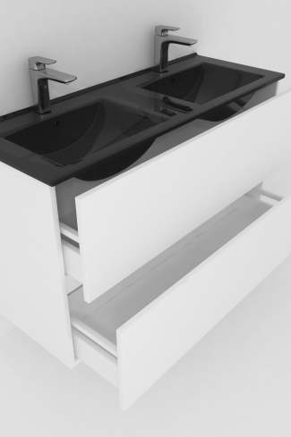 <p>
	Conjunto de mueble de baño realizado en material laminado color blanco de 19mm formado por dos cajones con sistema cierre suave . Lavabo en cristal templado de color negro y espejo con iluminación integrada incluidos.Grifo no incluido. Fabricado en España. </p>
