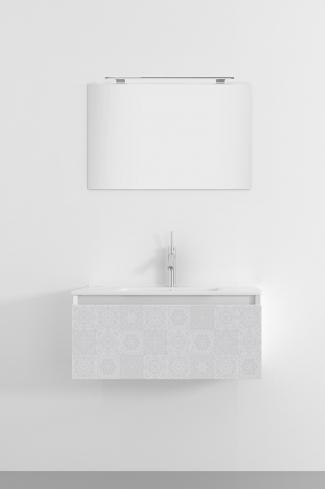 <p>
	Pack formado por mueble de 80 cm realizado en material estratificado alto brillo con frontal decorado mediante técnica láser. Cajón totalmente extraible y cierre soft-closing. Incluye lavabo cerámico de color blanco, espejo y foco iluminación LED de 60cm. Fabricado en España.</p>
