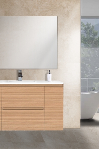 <p>
	Mueble de baño de 120 cm realizado en material laminado color madera de 19 mm  formado por dos cajones y dos puertas. Puertas y cajón con sistema de cierre amortiguado suave. Lavabos cerámicos de color blanco encimera y espejo sobre tablero 75x90 están incluidos. Grifo no incluido. Made in Spain.</p>
