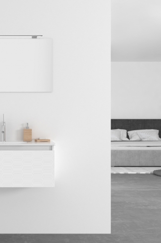 <p>
	Pack formado por mueble de 80 cm realizado en material estratificado alto brillo con frontal decorado mediante técnica láser. Cajón totalmente extraible y cierre soft-closing. Incluye lavabo cerámico de color blanco, espejo y foco iluminación LED de 60cm. Fabricado en España.</p>
