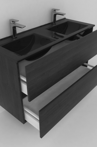 <p>
	Conjunto de mueble de baño realizado en material laminado de 19mm formado por dos cajones con sistema cierre suave . Lavabo en cristal templado de color negro y espejo con iluminación integrada incluidos.Grifo no incluido. Fabricado en España. </p>
