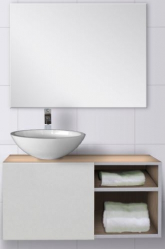 <p>
	Mueble de baño de 90cm realizado en su totalidad en laminadode 19mm. Formado por un apuerta y una zona de estanterías de gran capacidad.Lavabo y espejo oncluidos. Fabricado en España. </p>
