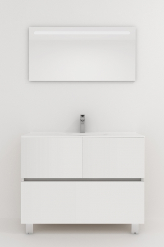 <p>
	Pack compuesto por mueble de baño realizado en material laminado, formado por dos puertas y un cajón inferior. Bisagras con cierre softclosing testadas a 80.000 ciclos regulables en los tres ejes. Colgadores a pared capaces de soportar hasta 30 Kg por colgador. Patas aluminio acabado cromo brillo. Cantos realizados en PVC de 1mm. Incluye lavabo cerámica y espejo con iluminación LED. Fabricado en España</p>
