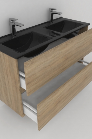 <p>
	Conjunto de mueble de baño realizado en material laminado de 19mm formado por dos cajones con sistema cierre suave . Lavabo en cristal templado de color negro y espejo con iluminación integrada incluidos.Grifo no incluido. Fabricado en España. </p>
