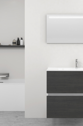 <p>
	Pack formado por mueble de baño realizado en tablero laminado 19mm acabado madera, con dos cajones totalmente extraíble con cierre softclosing. Lavabo cerámico y espejo con iluminación LED incluidos. Made in Europe.</p>
