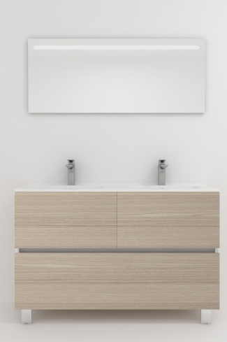 <p>
	Pack compuesto por mueble de baño realizado en material laminado, formado por dos puertas y un cajón inferior. Bisagras con cierre softclosing testadas a 80.000 ciclos regulables en los tres ejes. Colgadores a pared capaces de soportar hasta 30 Kg por colgador. Patas aluminio acabado cromo brillo. Cantos realizados en PVC de 1mm. Incluye lavabo cerámica y espejo con iluminación LED. Fabricado en España</p>
