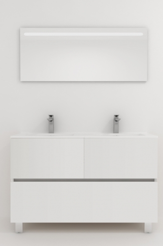 <p>
	Pack compuesto por mueble de baño realizado en material laminado, formado por dos puertas y un cajón inferior. Bisagras con cierre softclosing testadas a 80.000 ciclos regulables en los tres ejes. Colgadores a pared capaces de soportar hasta 30 Kg por colgador. Patas aluminio acabado cromo brillo. Cantos realizados en PVC de 1mm. Incluye lavabo cerámica y espejo con iluminación LED. Fabricado en España</p>
