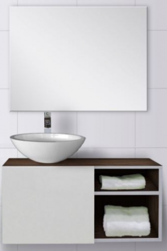 <p>
	Mueble de baño de 90cm realizado en su totalidad en laminadode 19mm. Formado por un apuerta y una zona de estanterías de gran capacidad.Lavabo y espejo oncluidos. Fabricado en España. </p>
