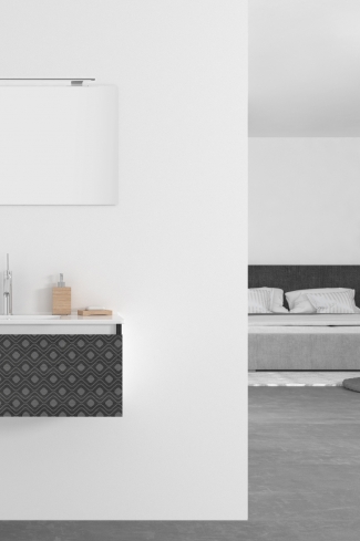 <p>
	Pack formado por mueble de 80 cm realizado en material laminado acabado madera con frontal decorado mediante técnica láser. Cajón totalmente extraible y cierre soft-closing. Incluye lavabo cerámico de color blanco, espejo y foco iluminación LED de 60cm. Fabricado en España.</p>
