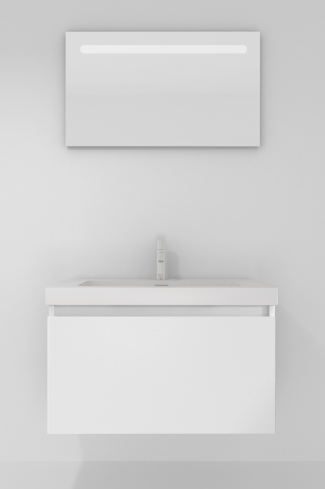<p>
	Pack formado por mueble de baño realizado en tablero laminado con un cajón totalmente extraíble y cierre softclosing. Lavabo de resina y espejo con iluminación LED incluidos. Made in Europe.</p>

