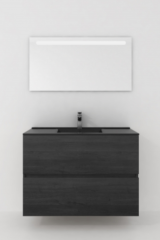 <p>
	Conjunto de mueble de baño realizado en material laminado de 19mm formado por dos cajones con sistema cierre suave . Lavabo en cristal templado de color negro y espejo con iluminación integrada incluidos.Grifo no incluido. Fabricado en España. </p>
