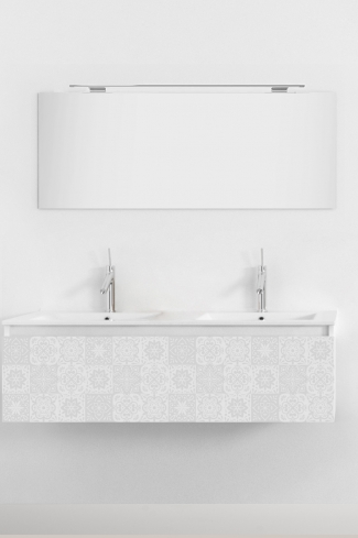 <p>
	Pack formado por mueble de 120 cm realizado en material estratificado alto brillo con frontal decorado mediante técnica láser. Cajón totalmente extraible y cierre soft-closing. Incluye lavabo cerámico de color blanco con dos senos, espejo y foco iluminación LED de 100cm. Fabricado en España.</p>
