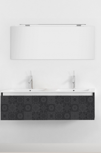 <p>
	Pack formado por mueble de 120 cm realizado en material laminado con frontal decorado mediante técnica láser. Cajón totalmente extraible y cierre soft-closing. Incluye lavabo cerámico de color blanco con dos senos, espejo y foco iluminación LED de 100cm. Fabricado en España.</p>

