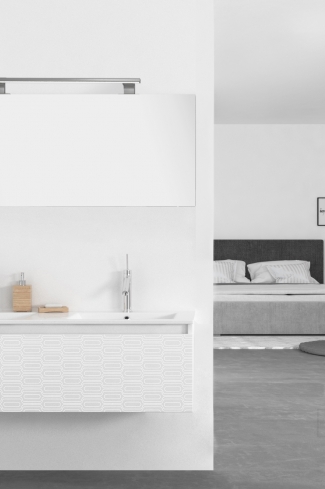 <p>
	Pack formado por mueble de 120 cm realizado en material estratificado alto brillo con frontal decorado mediante técnica láser. Cajón totalmente extraible y cierre soft-closing. Incluye lavabo cerámico de color blanco con dos senos, espejo y foco iluminación LED de 100cm. Fabricado en España.</p>
