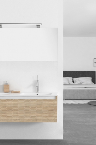 <p>
	Pack formado por mueble de 120 cm realizado en material laminado con frontal decorado mediante técnica láser. Cajón totalmente extraible y cierre soft-closing. Incluye lavabo cerámico de color blanco con dos senos, espejo y foco iluminación LED de 100cm. Fabricado en España.</p>
