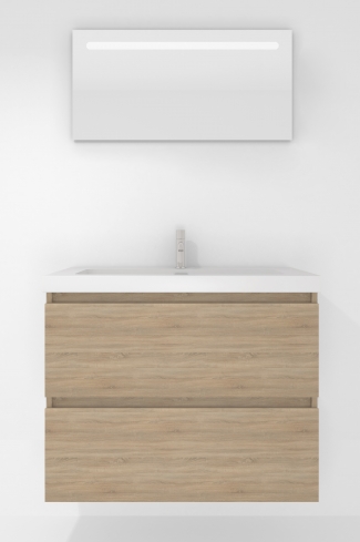 <p>
	Pack formado por mueble de baño realizado en tablero laminado con dos cajones totalmente extraíbles y cierre softclosing. Lavabo de resina y espejo con iluminación LED incluidos. Made in Europe.</p>
