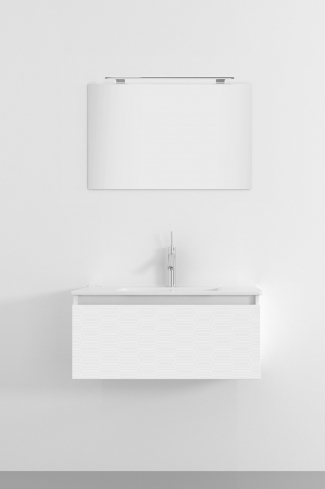 <p>
	Pack formado por mueble de 80 cm realizado en material estratificado alto brillo con frontal decorado mediante técnica láser. Cajón totalmente extraible y cierre soft-closing. Incluye lavabo cerámico de color blanco, espejo y foco iluminación LED de 60cm. Fabricado en España.</p>
