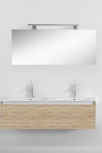 <p>
	Pack formado por mueble de 120 cm realizado en material laminado con frontal decorado mediante técnica láser. Cajón totalmente extraible y cierre soft-closing. Incluye lavabo cerámico de color blanco con dos senos, espejo y foco iluminación LED de 100cm. Fabricado en España.</p>
