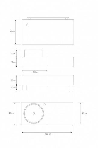 <p>
	Pack compuesto por dos muebles de baño realizados en tablero de partículas laminado de 19mm. Un mueble suspendido con un cajón con cierre suave y otro módulo con patas y dos cajones con cierre suave. Colgadores a pared capaces de soportar hasta 30 Kg por colgador. Cantos realizados en PVC de 1 mm. Lavabo sobreencimera a juego, espejo liso con foco iluminación LED de 100 cm de 9,6 W con 600 lumenes y temperatura de color de 6000 K LED incluidos. Fabricado en España. Grifo no incluido. </p>
