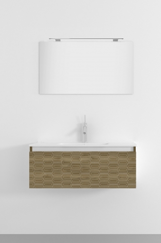 <p>
	Pack formado por mueble de 100 cm realizado en material laminado con frontal decorado mediante técnica láser. Cajón totalmente extraible y cierre soft-closing. Incluye lavabo cerámico de color blanco, espejo y foco iluminación LED de 80cm. Fabricado en España.</p>
