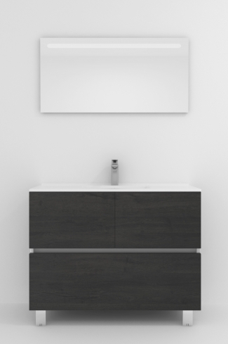 <p>
	Pack compuesto por mueble de baño realizado en material laminado, formado por dos puertas y un cajón inferior. Bisagras con cierre softclosing testadas a 80.000 ciclos regulables en los tres ejes. Colgadores a pared capaces de soportar hasta 30 Kg por colgador. Patas aluminio acabado cromo brillo. Cantos realizados en PVC de 1mm. Incluye lavabo cerámica y espejo con iluminación LED. Fabricado en España</p>
