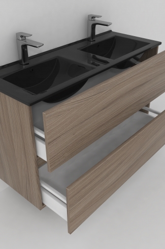 <p>
	Conjunto de mueble de baño realizado en material laminado de 19mm formado por dos cajones con sistema cierre suave . Lavabo en cristal templado de color negro y espejo con iluminación integrada incluidos.Grifo no incluido. Fabricado en España. </p>
