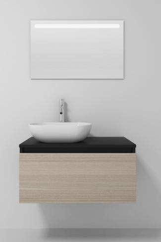 <p>
	Pack formado por mueble realizado en material laminado,  Cajón totalmente extraible y cierre soft-closing. Incluye lavabo cerámico sobreencimera y espejo con iluminación LED. Fabricado en España.</p>
