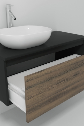 <p>
	Pack formado por mueble realizado en material laminado,  Cajón totalmente extraible y cierre soft-closing. Incluye lavabo cerámico sobreencimera y espejo con iluminación LED. Fabricado en España.</p>
