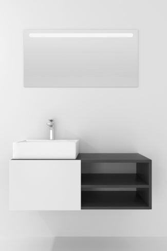 <p>
	Pack compuesto por mueble de baño realizado en material laminado, formado por una puerta blanco mate y un espacio decorativo. Bisagras con cierre softclosing testadas a 80.000 ciclos regulables en los tres ejes. Colgadores a pared capaces de soportar hasta 30 Kg por colgador. Cantos realizados en PVC de 1mm. Incluye lavabo sobreencimera y espejo con iluminación LED. Fabricado en España</p>
