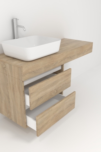 <p>
	Pack formado por mueble de baño de 120 cm realizado en material laminado madera. Está formado por dos módulos, uno fijo y otro con dos cajones de gran capacidad, totalmente extraibles y de cierre soft-closing. Incluye lavabo cerámico sobre encimera y espejo con iluminación LED de 120x50 cm. No incluye grifería. Made in Spain</p>
