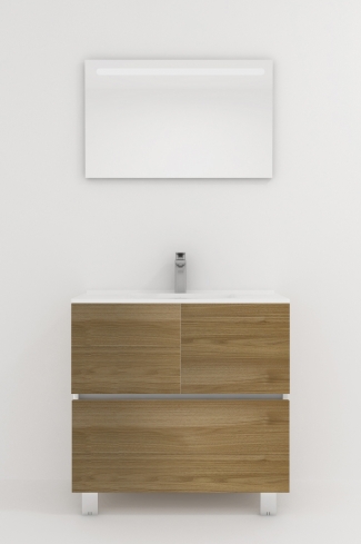<p>
	Pack compuesto por mueble de baño realizado en material laminado, formado por dos puertas y un cajón inferior. Bisagras con cierre softclosing testadas a 80.000 ciclos regulables en los tres ejes. Colgadores a pared capaces de soportar hasta 30 Kg por colgador. Patas aluminio acabado cromo brillo. Cantos realizados en PVC de 1mm. Incluye lavabo cerámica y espejo con iluminación LED. Fabricado en España</p>
