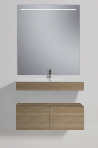<p>
	Conjunto de mueble de baño realizado en material laminado color madera con microrelieve que le aporta mayor naturalidad de 19mm con tratamiento antibacteriano con cajón con sistema amortiguado suave . Lavabo cerámico de color blanco y espejo con iluminación integrada incluidos.Grifo no incluido. Fabricado en España. </p>
