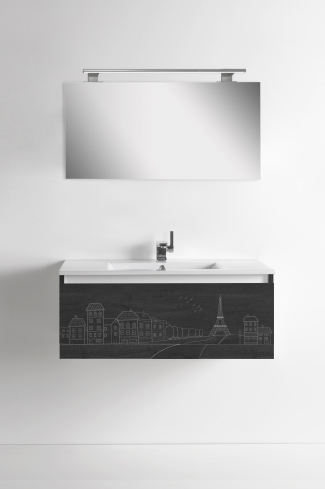 <p>
	Pack formado por mueble de 90 cm realizado en material laminado acabado madera con frontal decorado mediante técnica láser. Cajón totalmente extraible y cierre soft-closing. Incluye lavabo cerámico de color blanco, espejo liso  y un foco iluminación LED de 80cm. Fabricado en España.</p>
