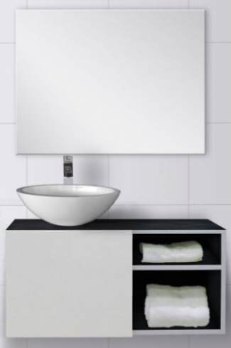 <p>
	Mueble de baño de 90cm realizado en su totalidad en laminadode 19mm. Formado por un apuerta y una zona de estanterías de gran capacidad.Lavabo y espejo oncluidos. Fabricado en España. </p>
