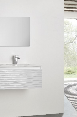 <p>
	Mueble de baño realizado en material MDF lacado blanco acabado alto brillo formado por un cajón de gran capacidad con sistema de cierre amortiguado suave. Frontal con relieve acabado lacado alto brillo.Lavabo con dos senos y espejo sobre tablero 75x120 incluidos. Fabricado en España.</p>
