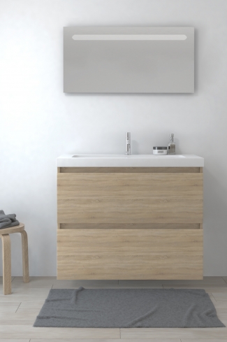 <p>
	Pack formado por mueble de baño realizado en tablero laminado con dos cajones totalmente extraíbles y cierre softclosing. Lavabo de resina y espejo con iluminación LED incluidos. Made in Europe.</p>
