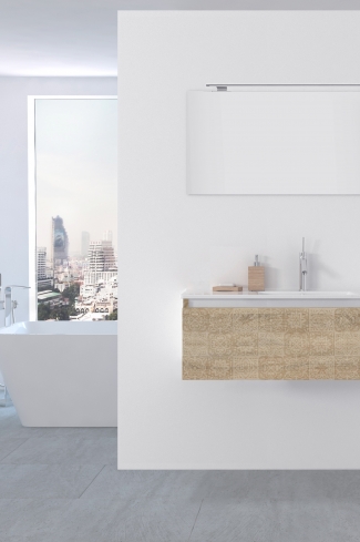 <p>
	Pack formado por mueble de 100 cm realizado en material laminado con frontal decorado mediante técnica láser. Cajón totalmente extraible y cierre soft-closing. Incluye lavabo cerámico de color blanco, espejo y foco iluminación LED de 80cm. Fabricado en España.</p>
