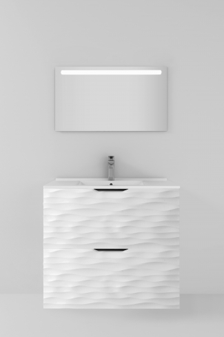 <p>
	Pack formado por mueble de baño realizado en material DM, lacado alto brillo con relieve. Está formado por dos cajones con tirador negro totalmente extraible con cierre softclosing. Incluye lavabo cerámico encimera y espejo con iluminación LED. Made in Spain. </p>
