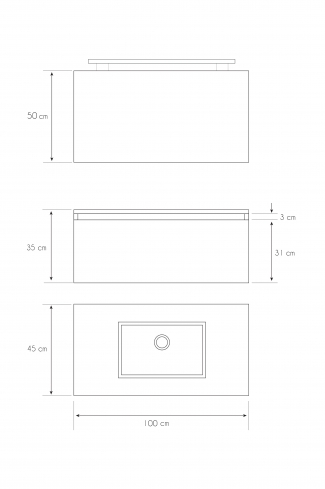 <p>
	Pack formado por mueble de 100 cm realizado en material estratificado alto brillo con frontal decorado mediante técnica láser. Cajón totalmente extraible y cierre soft-closing. Incluye lavabo cerámico de color blanco, espejo y foco iluminación LED de 80cm. Fabricado en España.</p>
