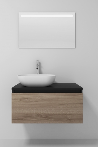 <p>
	Pack formado por mueble realizado en material laminado,  Cajón totalmente extraible y cierre soft-closing. Incluye lavabo cerámico sobreencimera y espejo con iluminación LED. Fabricado en España.</p>
