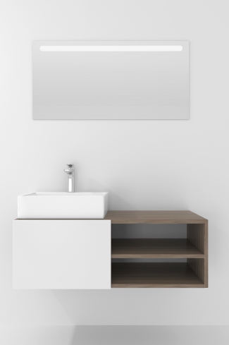 <p>
	Pack compuesto por mueble de baño realizado en material laminado, formado por una puerta blanco mate y un espacio decorativo. Bisagras con cierre softclosing testadas a 80.000 ciclos regulables en los tres ejes. Colgadores a pared capaces de soportar hasta 30 Kg por colgador. Cantos realizados en PVC de 1mm. Incluye lavabo sobreencimera y espejo con iluminación LED. Fabricado en España</p>
