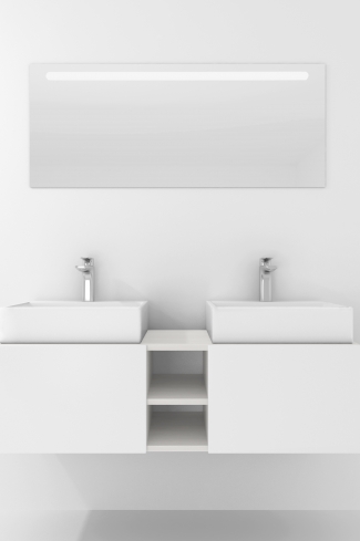 <p>
	Pack compuesto por mueble de baño realizado en material laminado, formado por dos puertas blanco mate y un espacio decorativo. Bisagras con cierre softclosing testadas a 80.000 ciclos regulables en los tres ejes. Colgadores a pared capaces de soportar hasta 30 Kg por colgador. Cantos realizados en PVC de 1mm. Incluye dos lavabos sobreencimera y espejo con iluminación LED. Fabricado en España</p>
