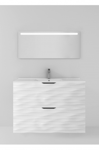 <p>
	Pack formado por mueble de baño realizado en material DM, lacado alto brillo con relieve. Está formado por dos cajones con tirador negro totalmente extraible con cierre softclosing. Incluye lavabo cerámico encimera y espejo con iluminación LED. Made in Spain. </p>
